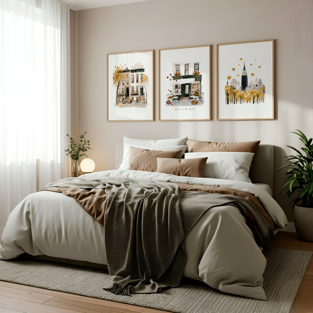 Bedroom Wall Picture Frames New York City Autumn Travel wall art | "Autumn in New York" displayed on a wall in a styled room — view 3