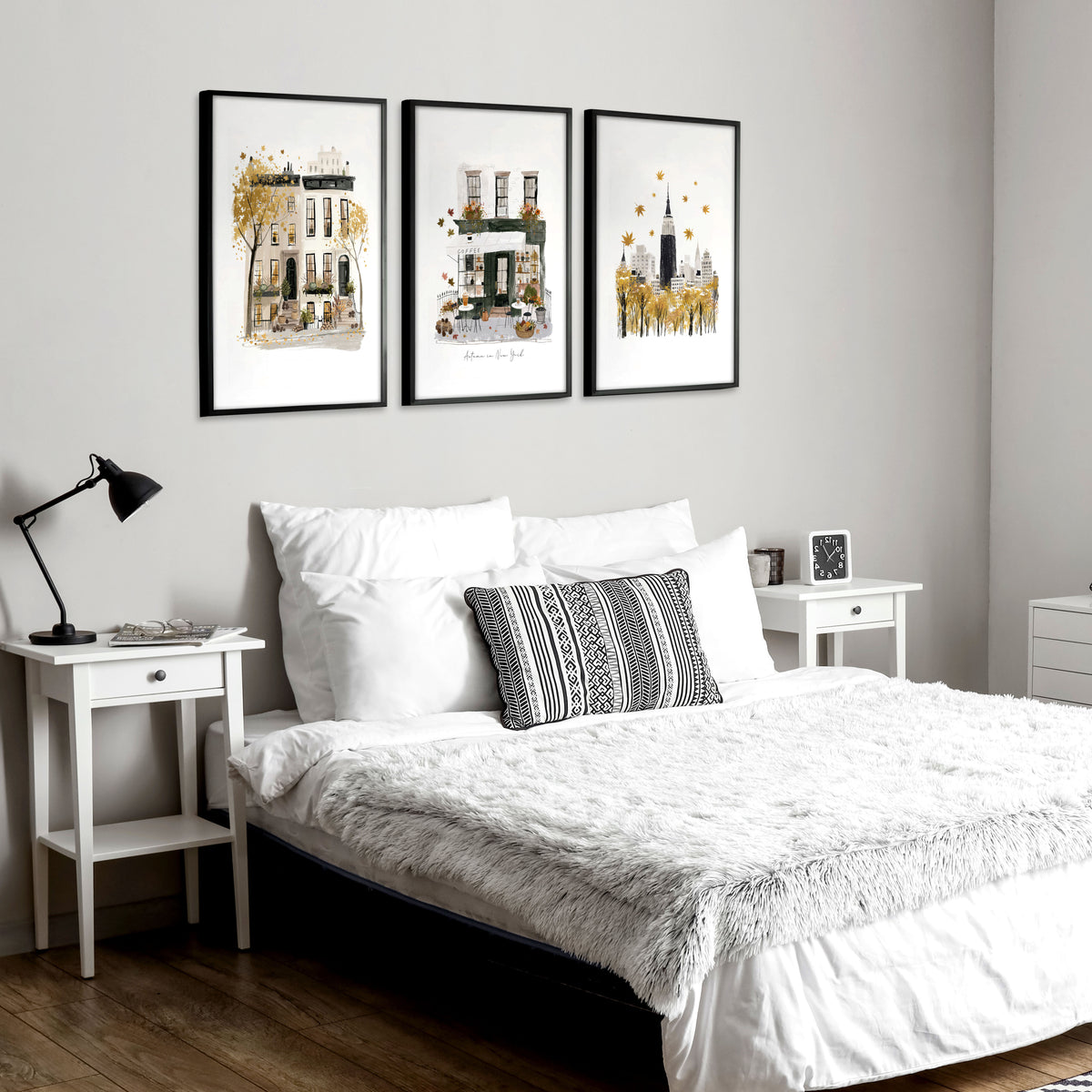 Bedroom Wall Picture Frames New York City Autumn Travel wall art | "Autumn in New York" displayed on a wall in a styled room — view 8