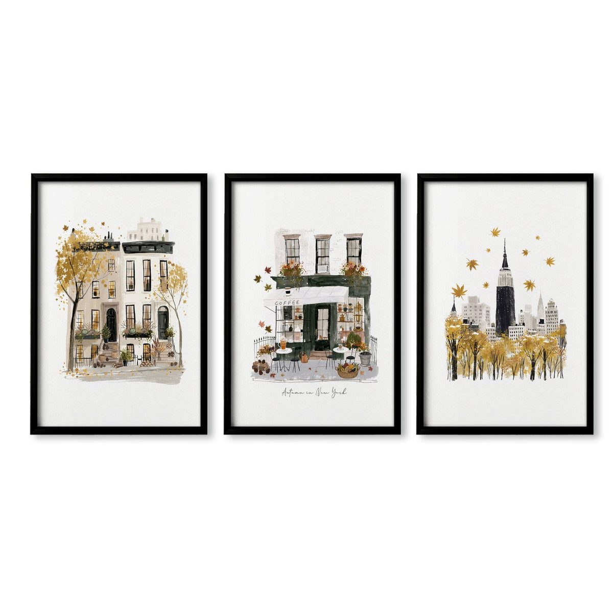 Bedroom Wall Picture Frames New York City Autumn Travel Wall Art Prints | "Autumn in New York" | Set of 3