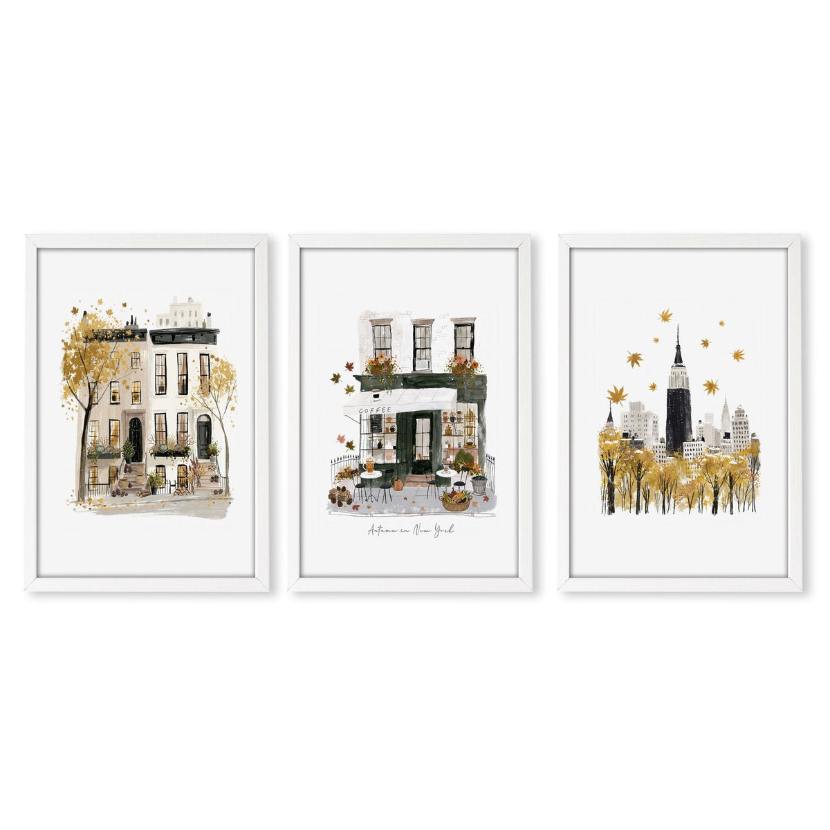 Bedroom Wall Picture Frames New York City Autumn Travel Wall Art Prints | "Autumn in New York" | Set of 3