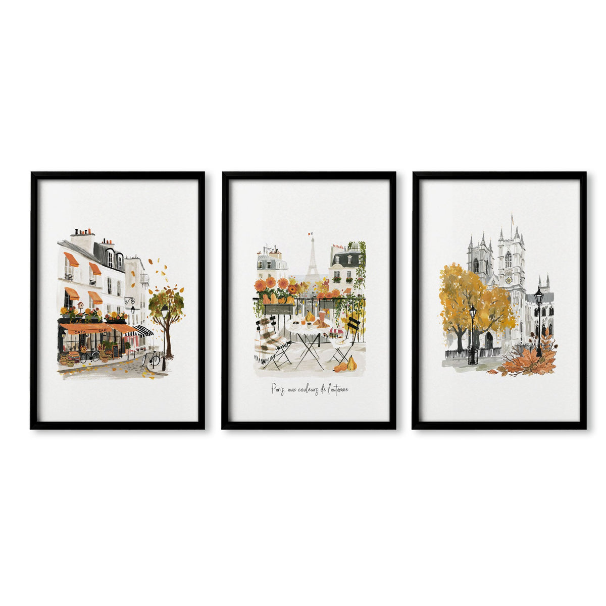 Bedroom Wall Pictures Parisian Autumn Travel Art "Paris aux couleurs de l'automne" in a black frame