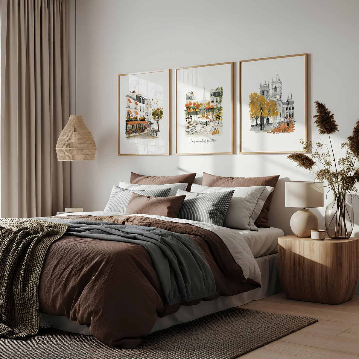 Bedroom Wall Pictures Parisian Autumn Travel Art "Paris aux couleurs de l'automne" displayed on a wall in a styled room — view 2