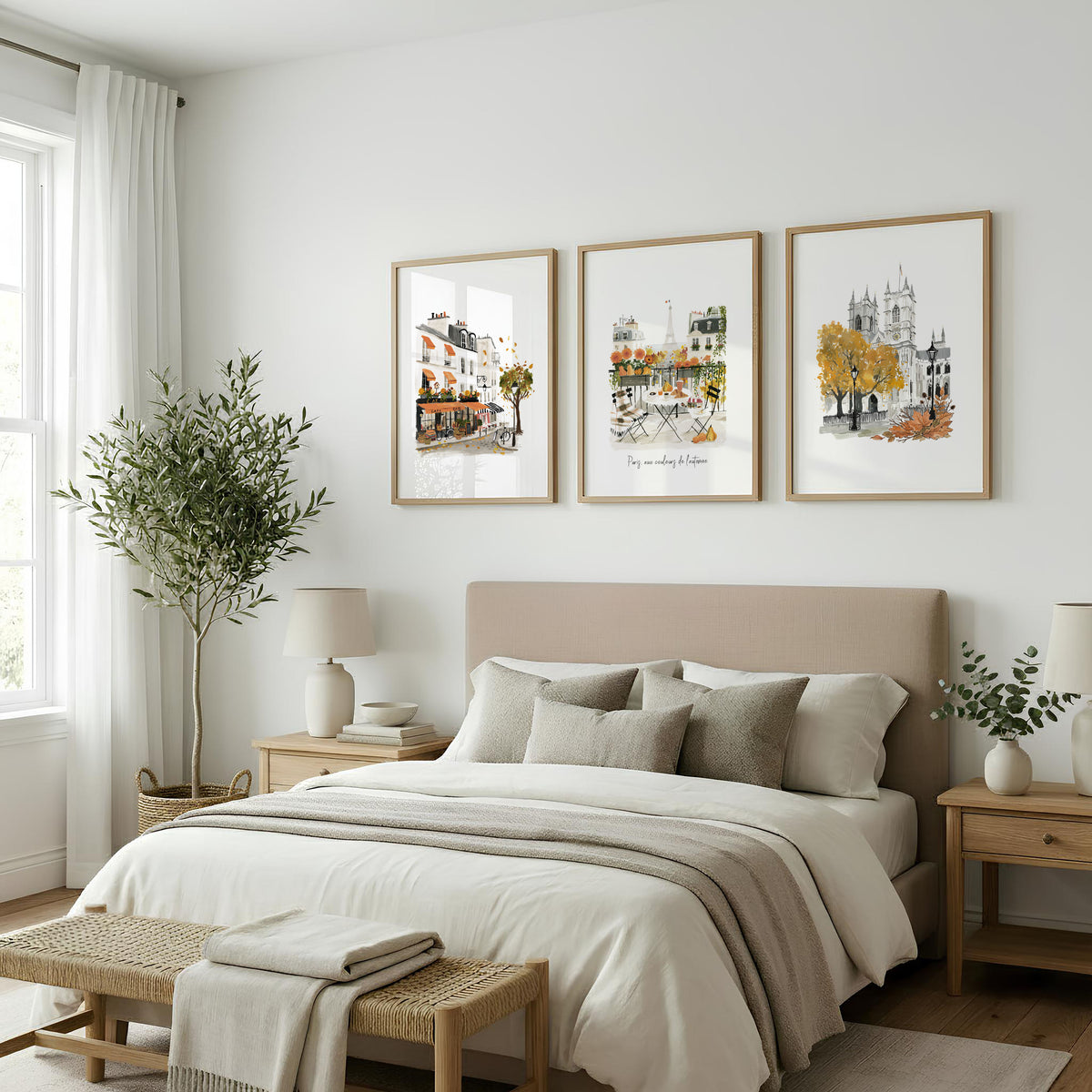 Bedroom Wall Pictures Parisian Autumn Travel Art "Paris aux couleurs de l'automne" displayed on a wall in a styled room — view 6
