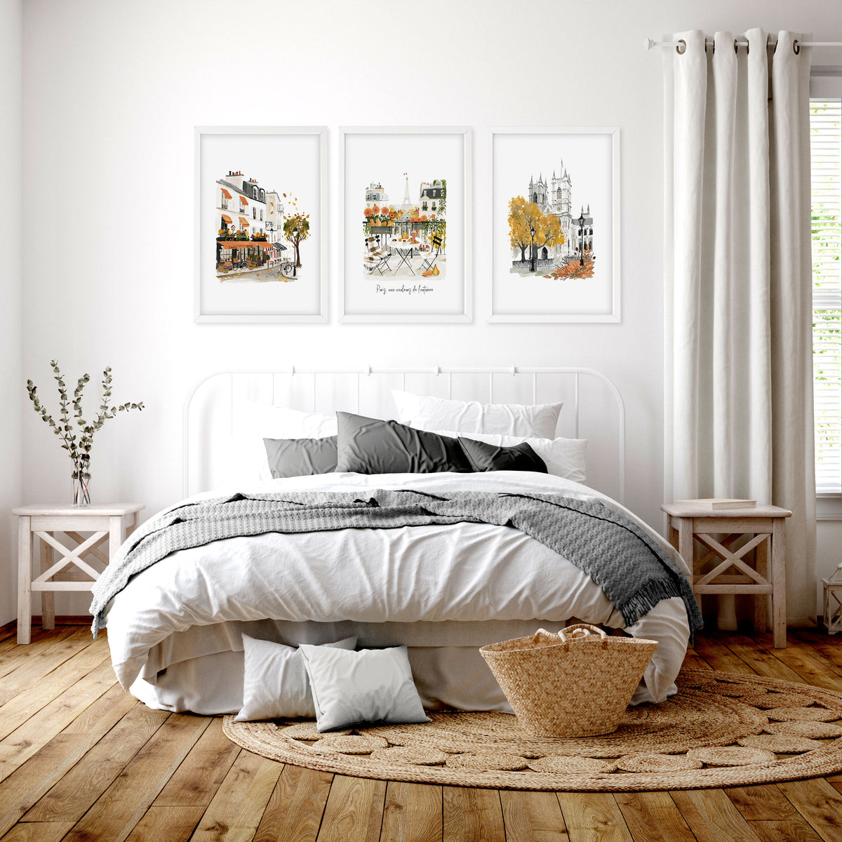 Bedroom Wall Pictures Parisian Autumn Travel Art "Paris aux couleurs de l'automne" displayed on a wall in a styled room — view 7