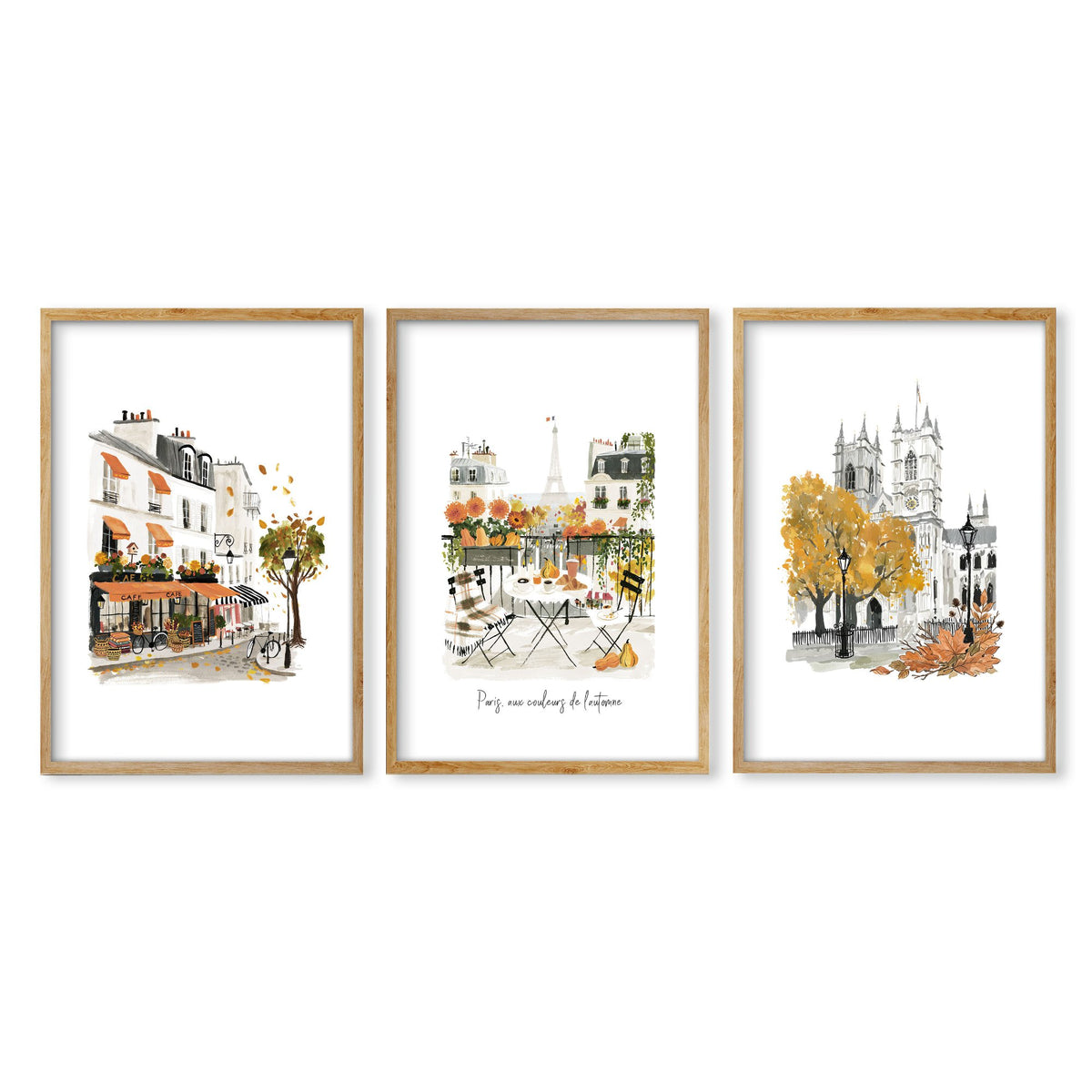 Bedroom Wall Pictures Parisian Autumn Travel Art "Paris aux couleurs de l'automne" in an oak frame