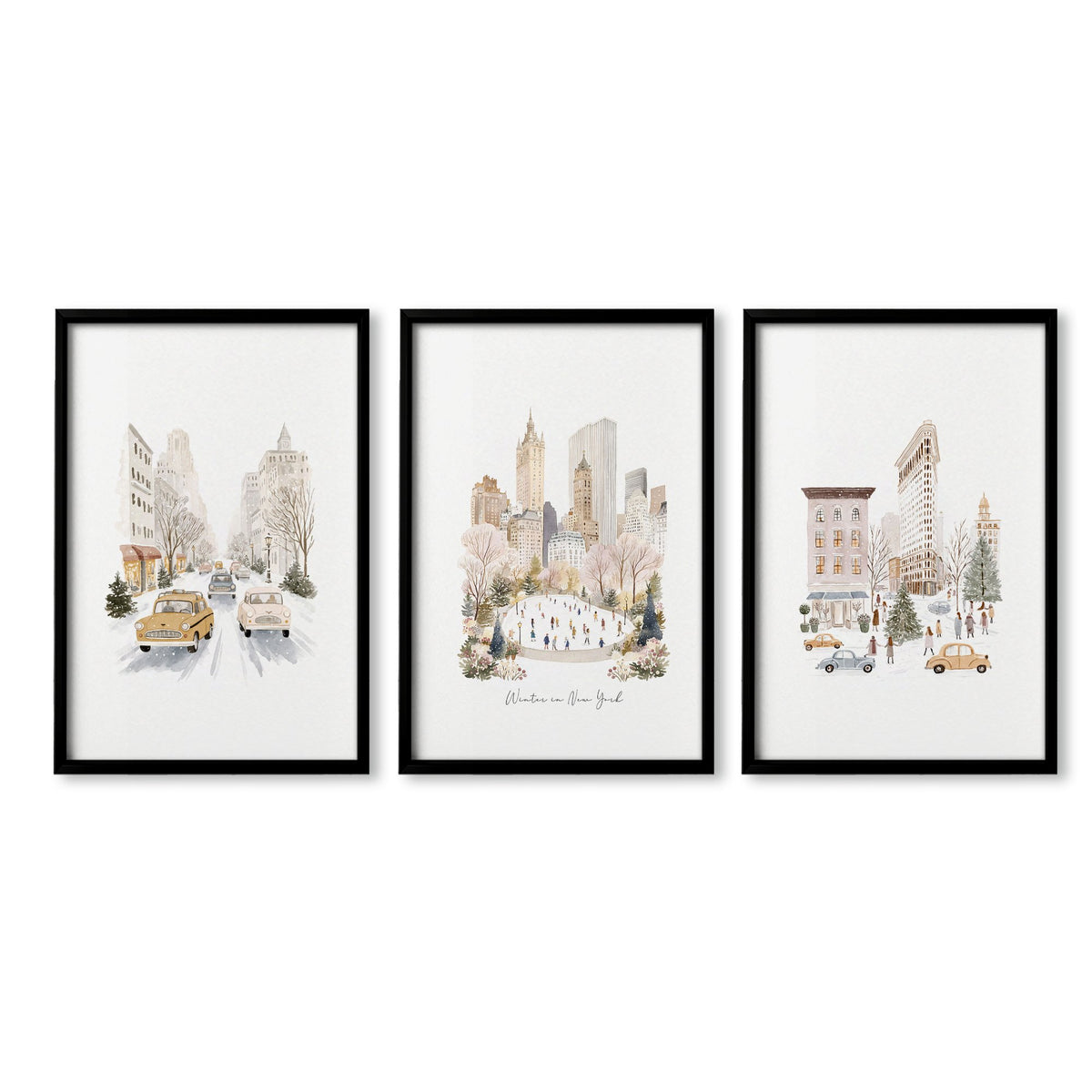 Bedroom Wall wall art "Winter in New York" Central Park Manhattan Watercolour in a black frame