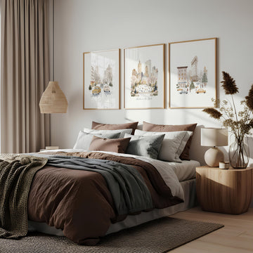 Bedroom Wall wall art "Winter in New York" Central Park Manhattan Watercolour displayed on a wall in a styled room