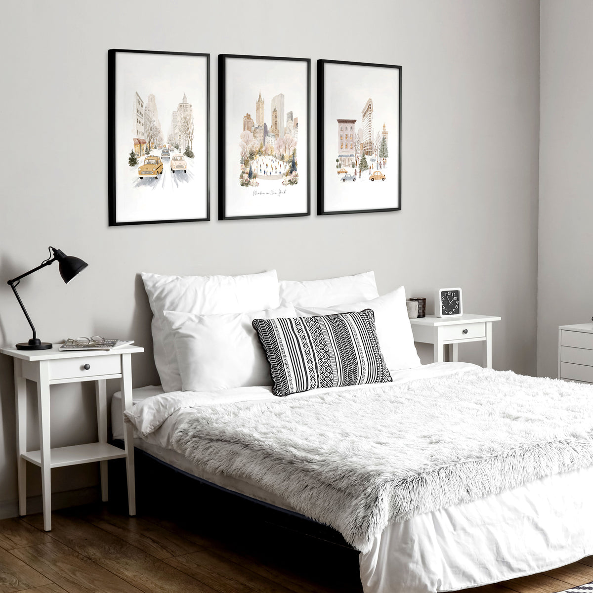 Bedroom Wall wall art "Winter in New York" Central Park Manhattan Watercolour displayed on a wall in a styled room — view 6