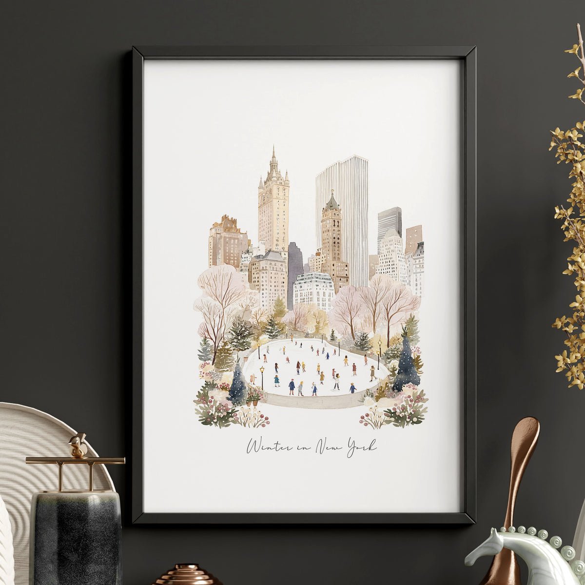 Bedroom Wall wall art "Winter in New York" Central Park Manhattan Watercolour displayed on a wall in a styled room — view 8