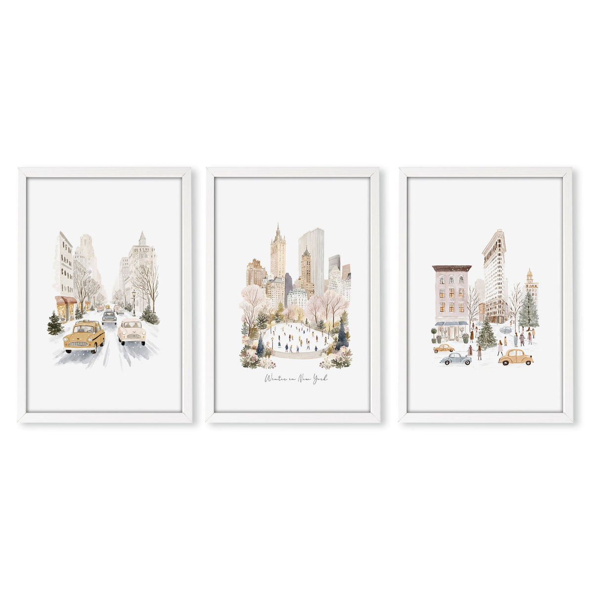 Bedroom Wall wall art "Winter in New York" Central Park Manhattan Watercolour in a white frame