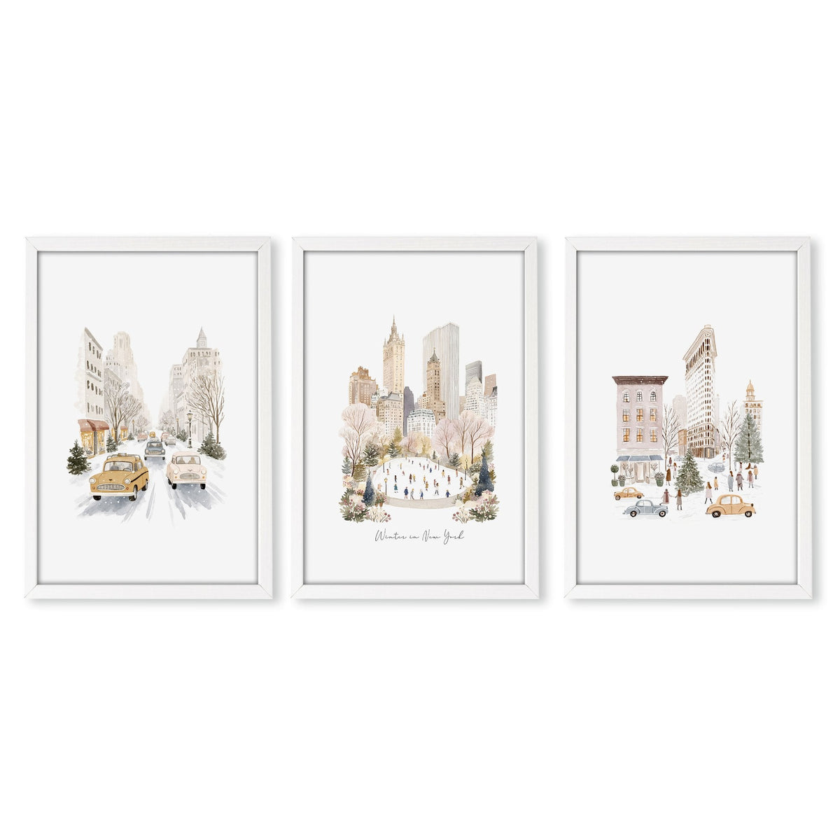 Bedroom Wall Prints "Winter in New York" Central Park Manhattan Watercolour | Set of 3