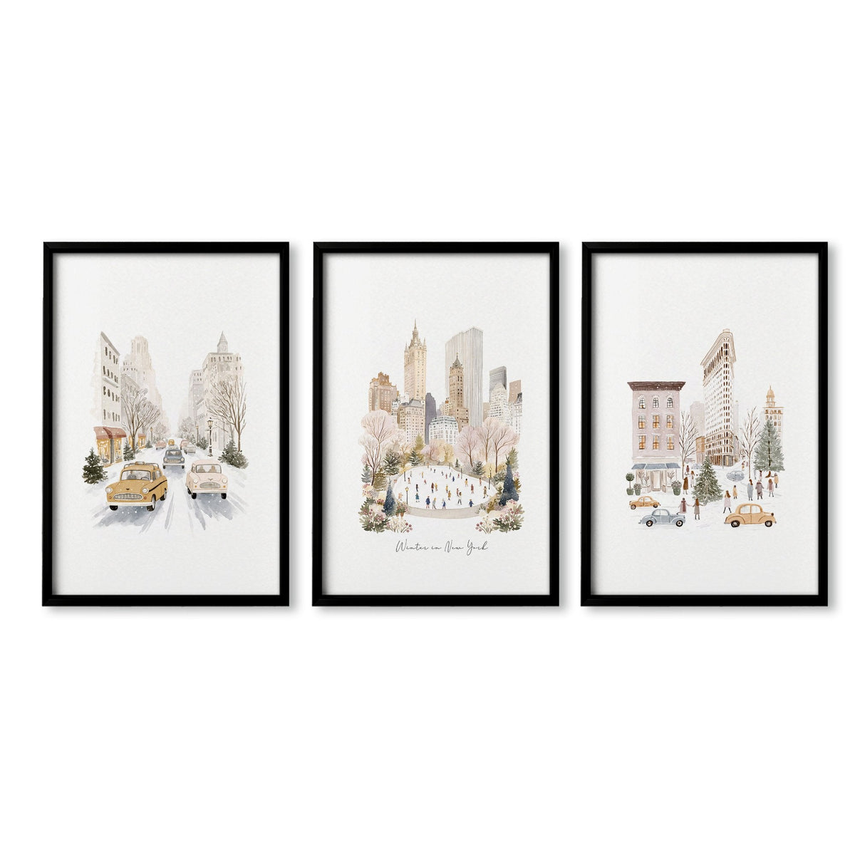 Bedroom Wall Prints "Winter in New York" Central Park Manhattan Watercolour | Set of 3