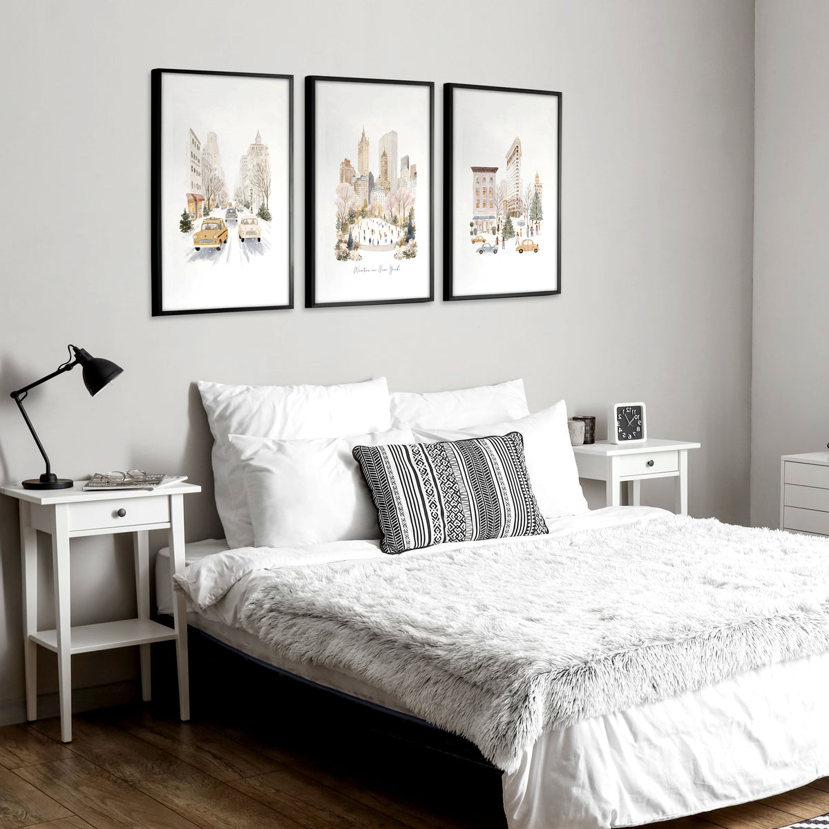 Bedroom Wall Prints "Winter in New York" Central Park Manhattan Watercolour | Set of 3
