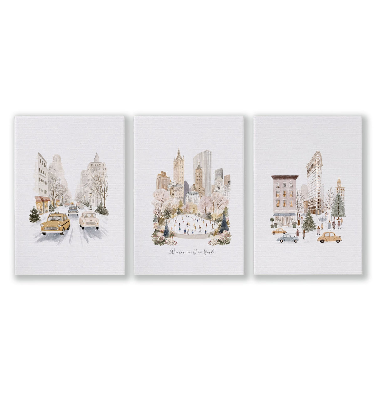 Bedroom Wall Prints "Winter in New York" Central Park Manhattan Watercolour | Set of 3