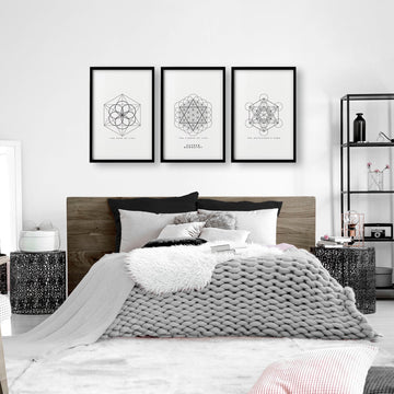 Bedrooms Black And White | Set of 3 Sacred Geometry Wall art Prints