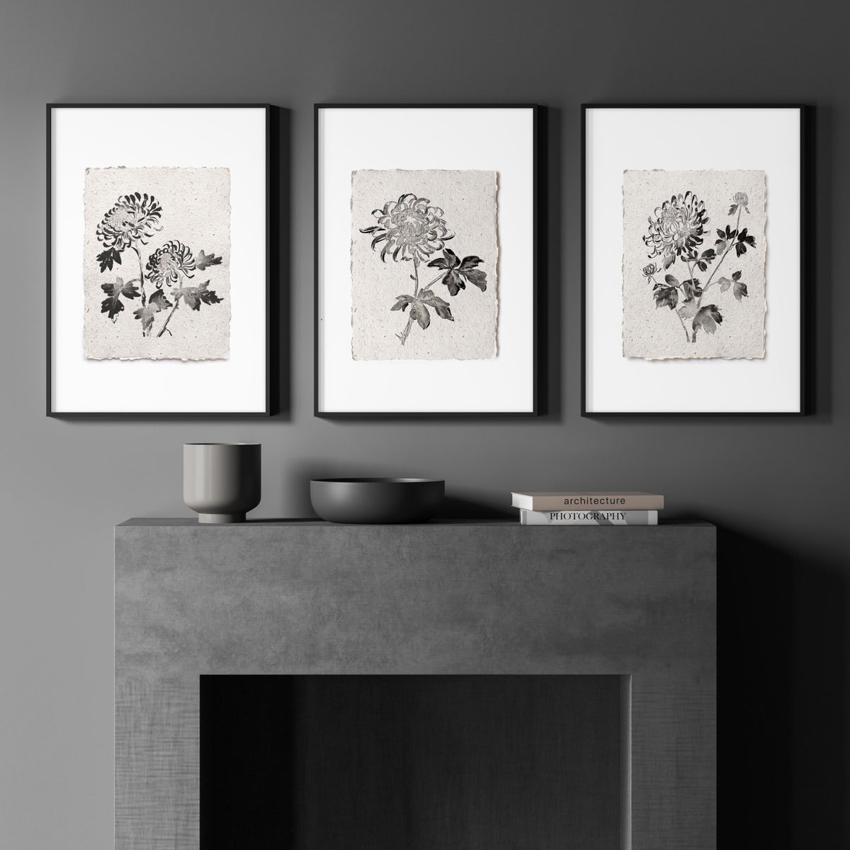 Beige Canvas French Country Botanical Chrysanthemum wall art displayed on a wall in a styled room — view 3