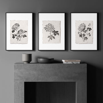 Beige Canvas French Country Botanical Chrysanthemum wall art displayed on a wall in a styled room — view 3