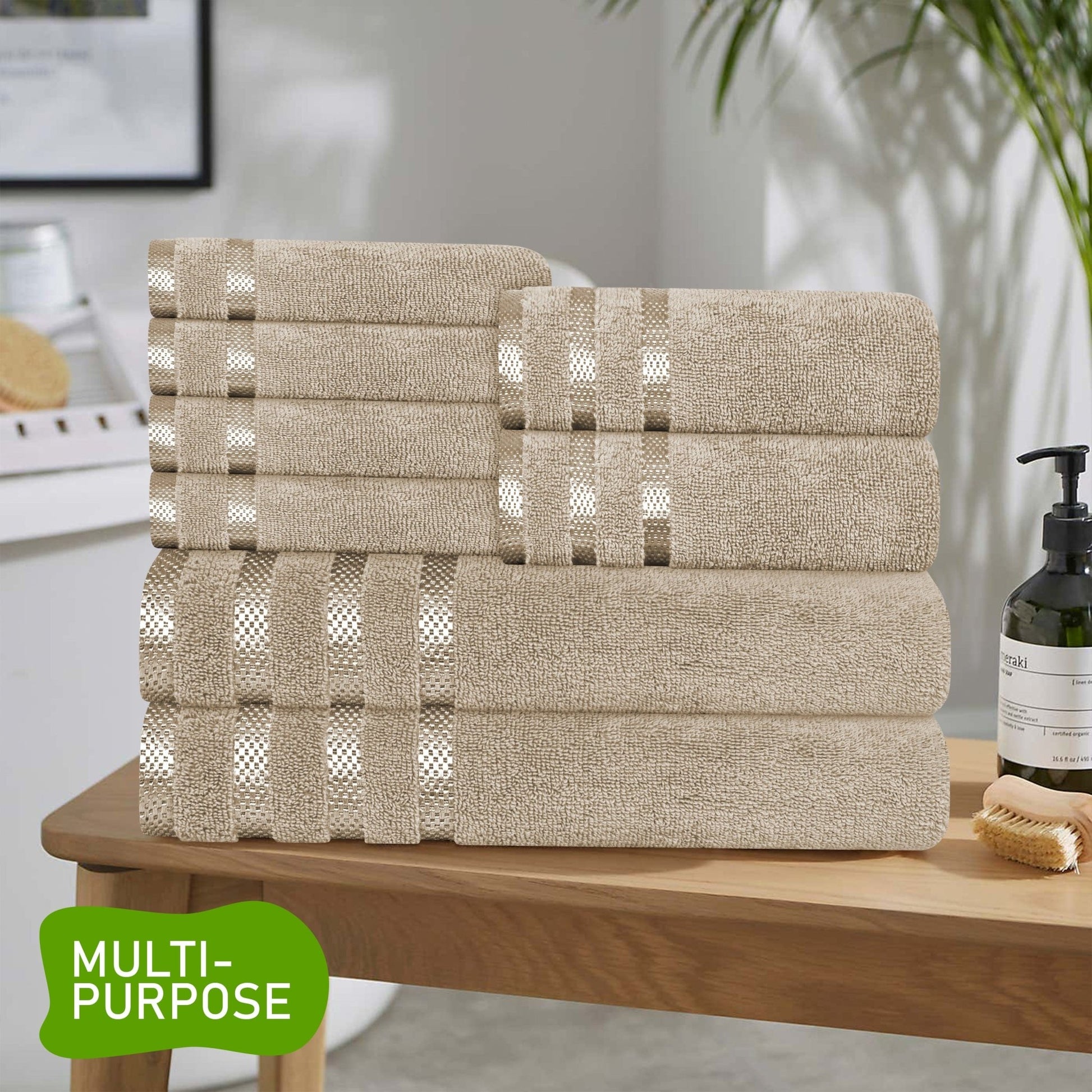 Belmont Viscose Stripe Beige Towels 100% Cotton Hotel Quality Super Absorbent 10 Piece Bale Set, 4 Hand Towel & 12 Face Cloths