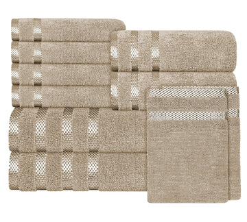 Belmont Viscose Stripe Beige Towels 100% Cotton Hotel Quality Super Absorbent 10 Piece Bale Set, 4 Hand Towel & 12 Face Cloths