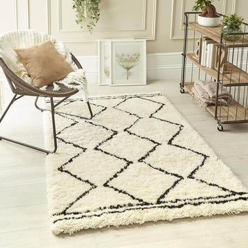 Berber Cream/Black Wool Shaggy Rug
