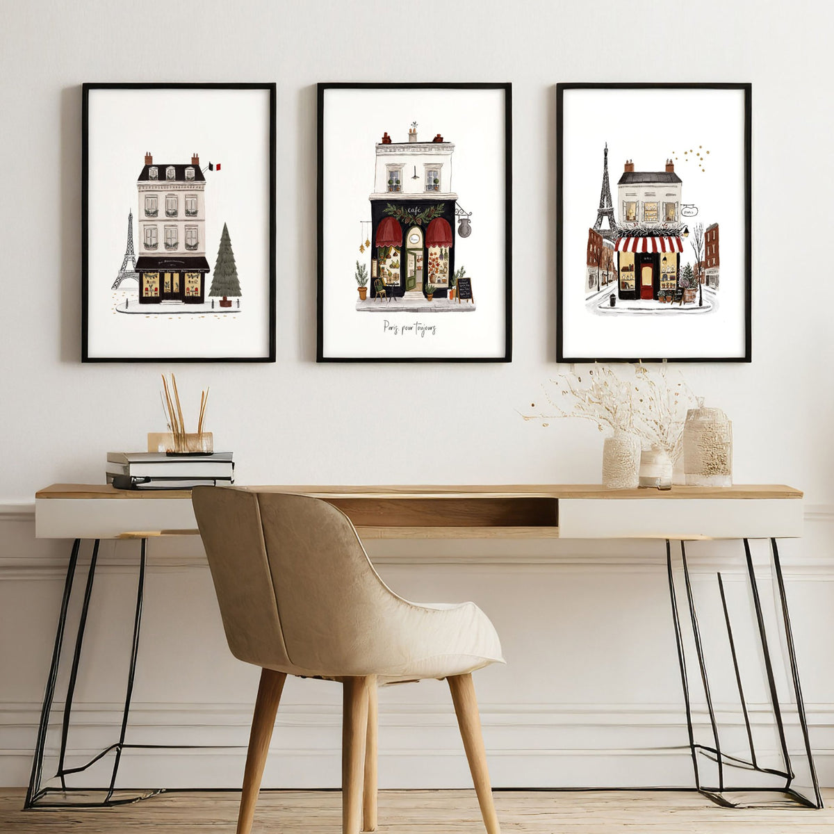 Best Office Wall Art Paris Boutique Street Scenes "Paris, pour toujours" displayed on a wall in a styled room — view 5