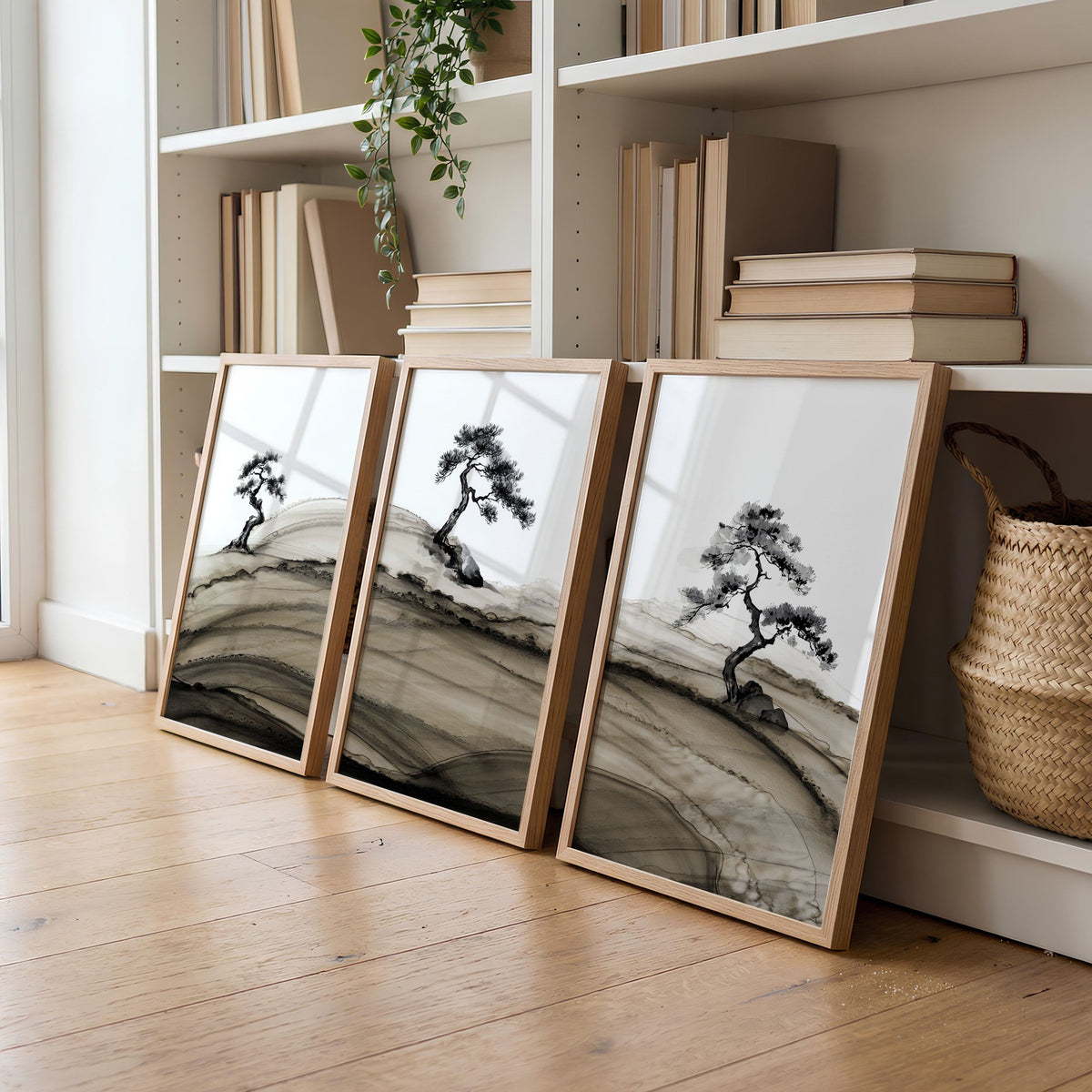 Big Living Room Pictures Japandi Bonsai Pine Trees Ink Wash Landscape displayed on a wall in a styled room — view 10