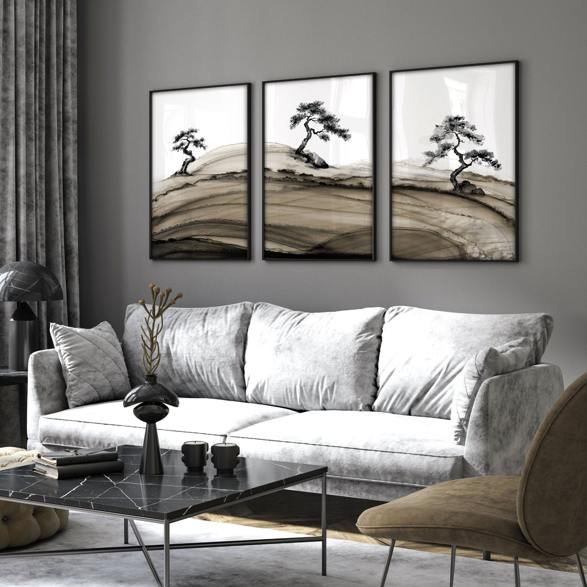 Big Living Room Pictures Japandi Bonsai Pine Trees Ink Wash Landscape displayed on a wall in a styled room — view 12