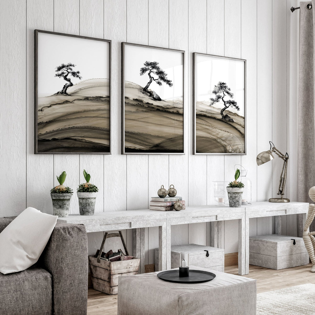 Big Living Room Pictures Japandi Bonsai Pine Trees Ink Wash Landscape displayed on a wall in a styled room — view 13