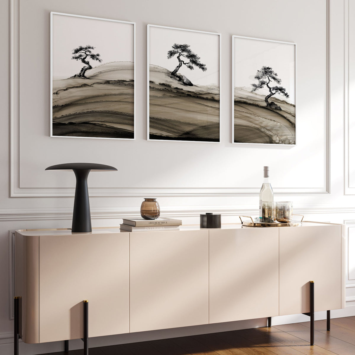 Big Living Room Pictures Japandi Bonsai Pine Trees Ink Wash Landscape displayed on a wall in a styled room — view 16
