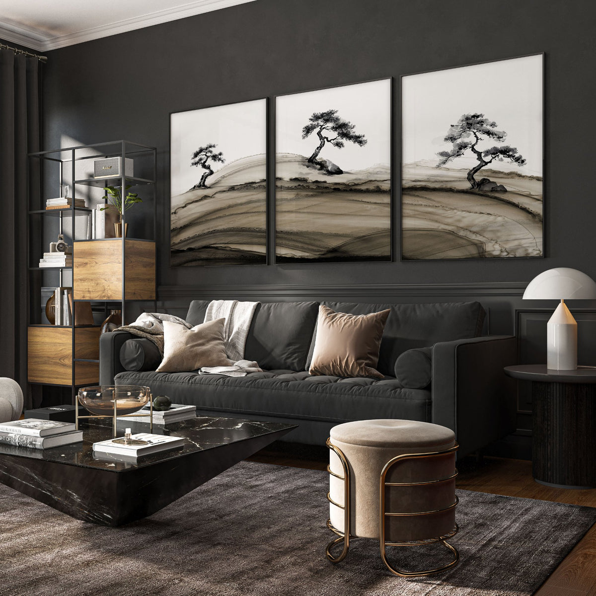 Big Living Room Pictures Japandi Bonsai Pine Trees Ink Wash Landscape displayed on a wall in a styled room — view 2