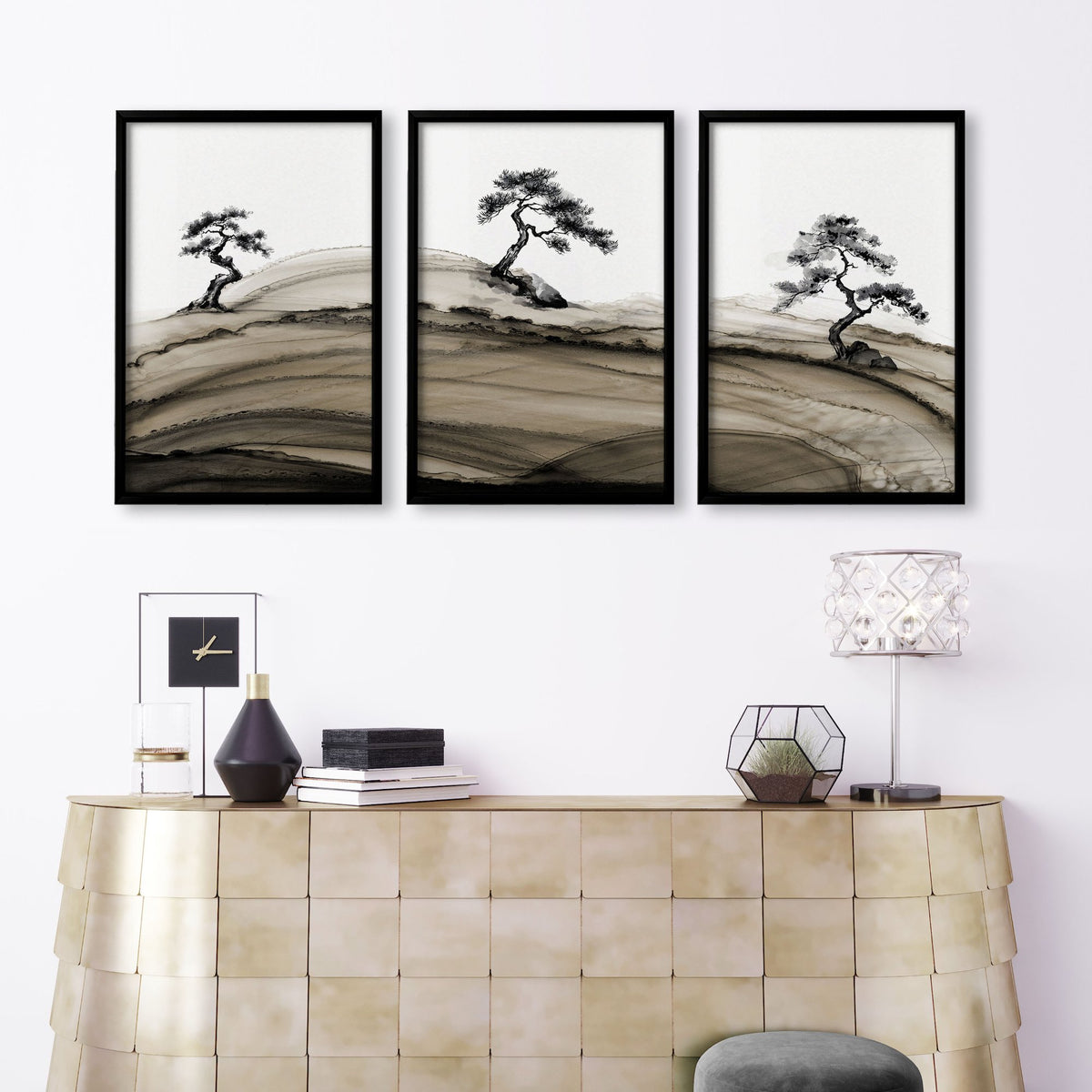 Big Living Room Pictures Japandi Bonsai Pine Trees Ink Wash Landscape displayed on a wall in a styled room — view 4