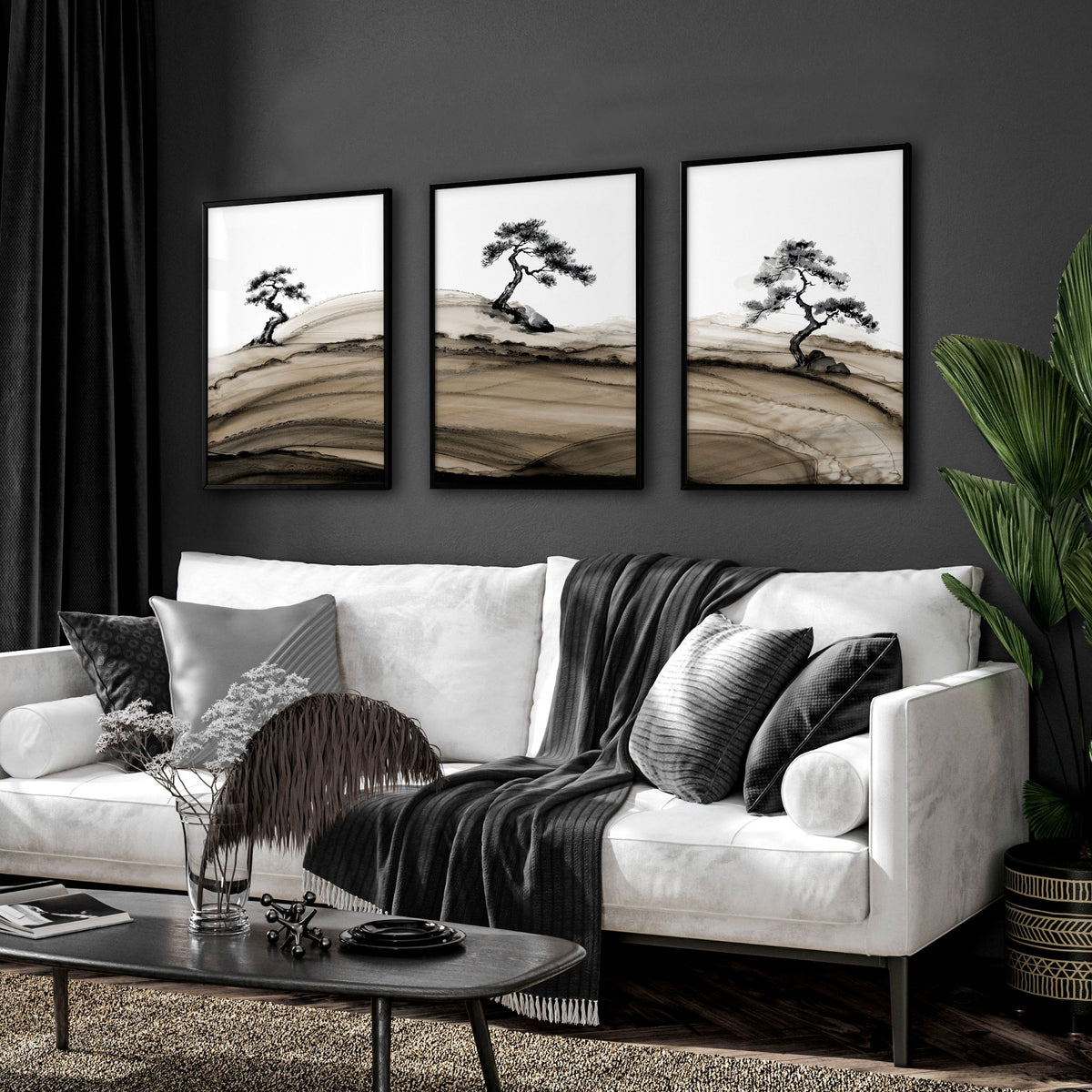 Big Living Room Pictures Japandi Bonsai Pine Trees Ink Wash Landscape displayed on a wall in a styled room — view 5