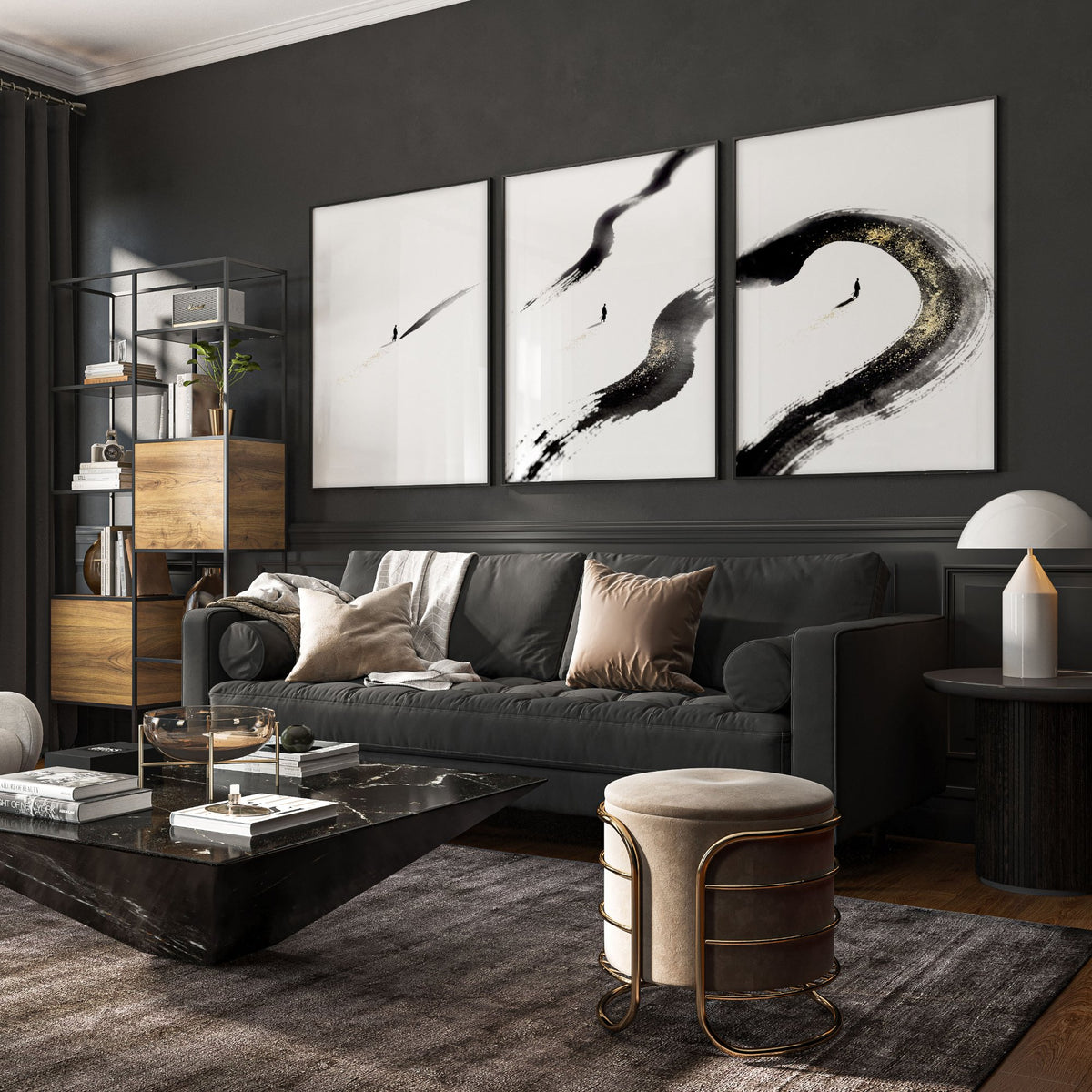 Big Living Room Wall Art Japandi Zen Ink Brushstroke Solitary Figure White Black Gold-Toned displayed on a wall in a styled room