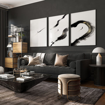 Big Living Room Wall Art Japandi Zen Ink Brushstroke Solitary Figure White Black Gold-Toned displayed on a wall in a styled room