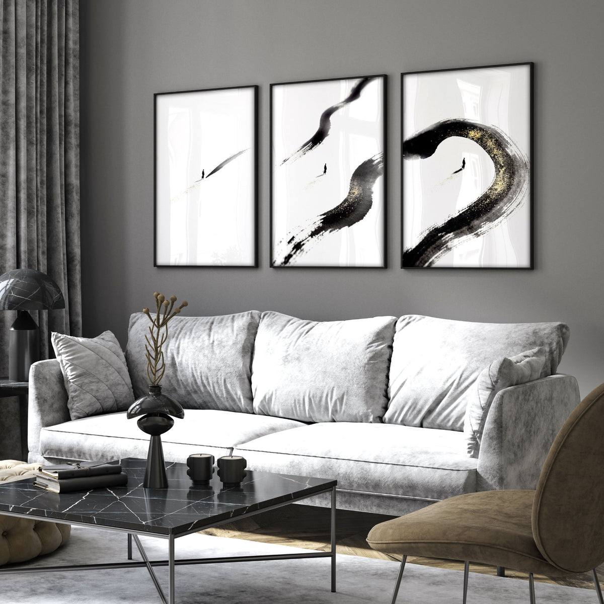 Big Living Room Wall Art Japandi Zen Ink Brushstroke Solitary Figure White Black Gold-Toned displayed on a wall in a styled room — view 12