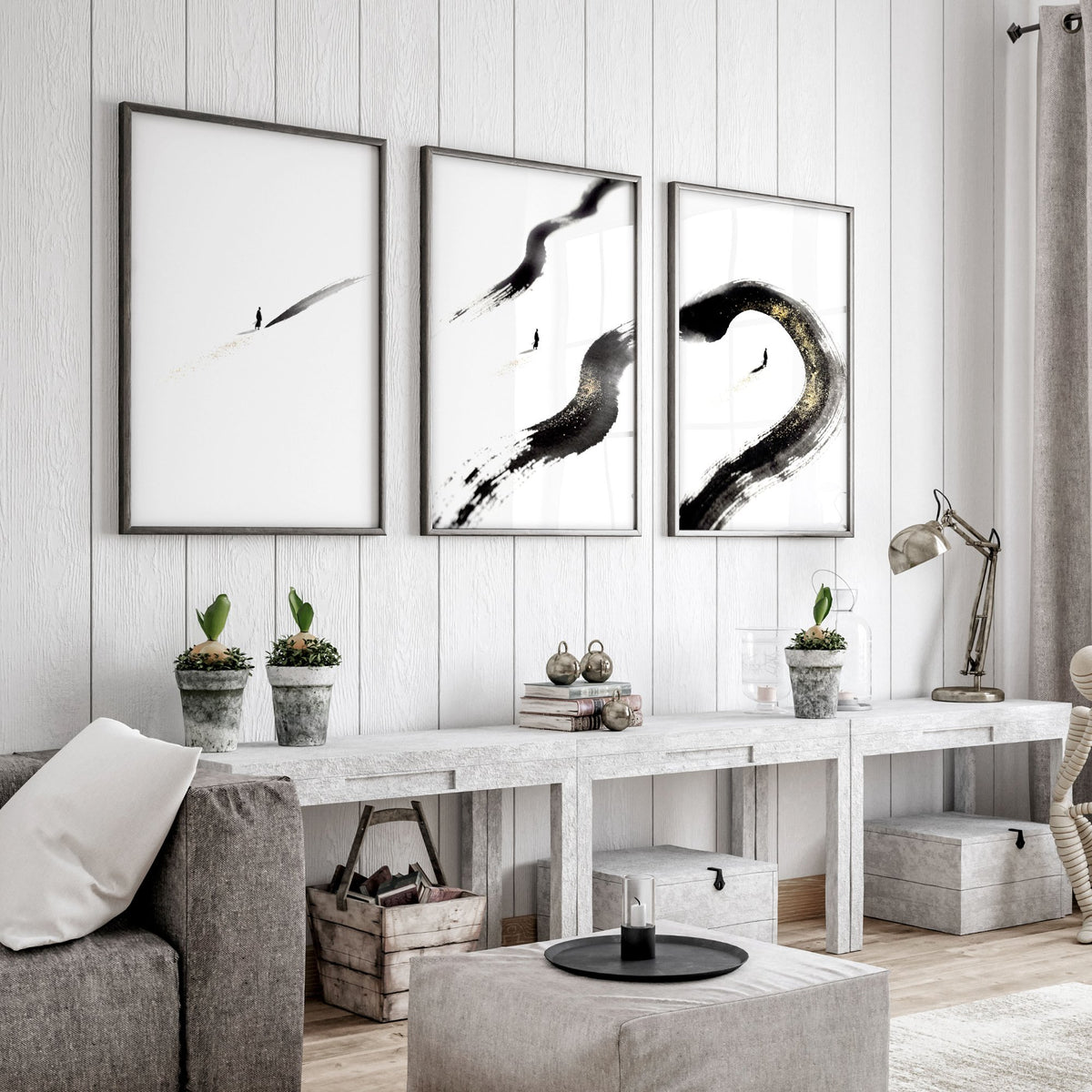 Big Living Room Wall Art Japandi Zen Ink Brushstroke Solitary Figure White Black Gold-Toned displayed on a wall in a styled room — view 13