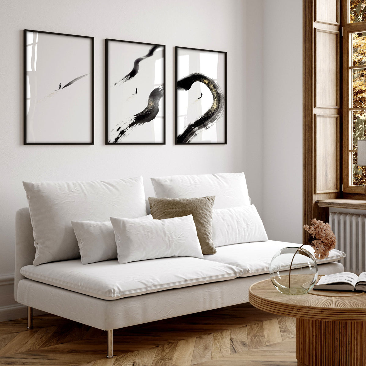 Big Living Room Wall Art Japandi Zen Ink Brushstroke Solitary Figure White Black Gold-Toned displayed on a wall in a styled room — view 14