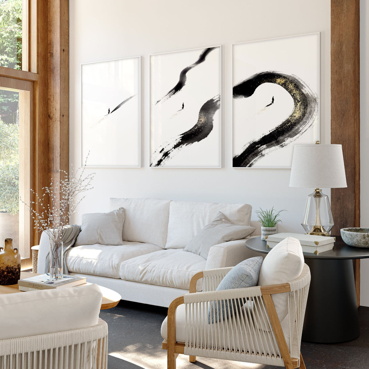 Big Living Room Wall Art Japandi Zen Ink Brushstroke Solitary Figure White Black Gold-Toned displayed on a wall in a styled room — view 2