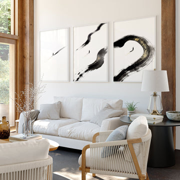 Big Living Room Wall Art Japandi Zen Ink Brushstroke Solitary Figure White Black Gold-Toned displayed on a wall in a styled room — view 2