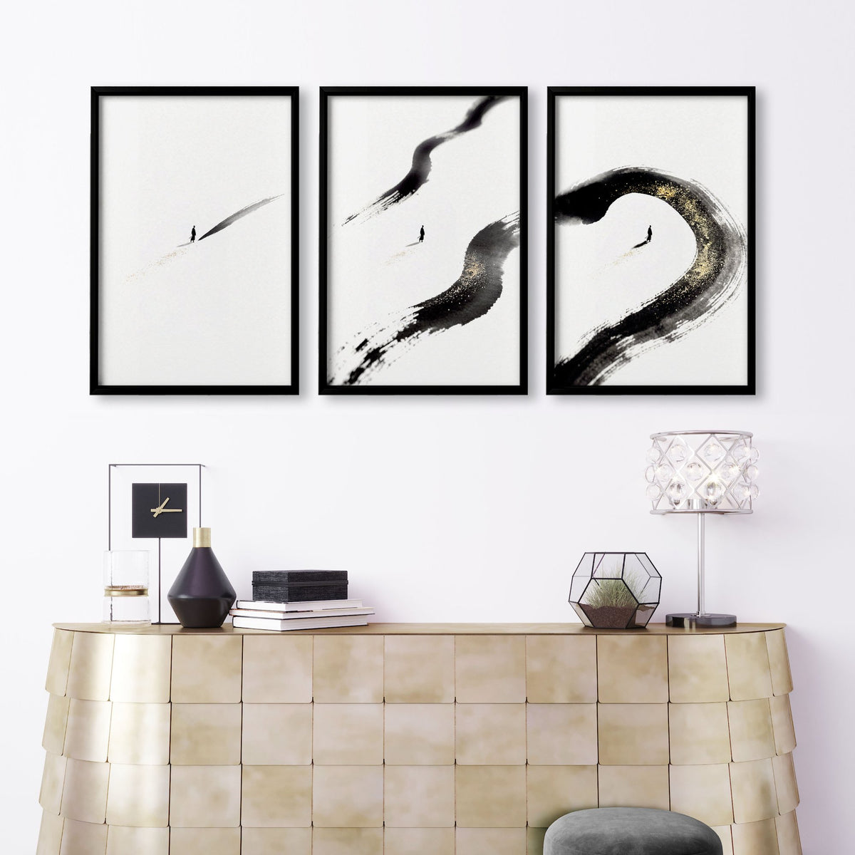 Big Living Room Wall Art Japandi Zen Ink Brushstroke Solitary Figure White Black Gold-Toned displayed on a wall in a styled room — view 3