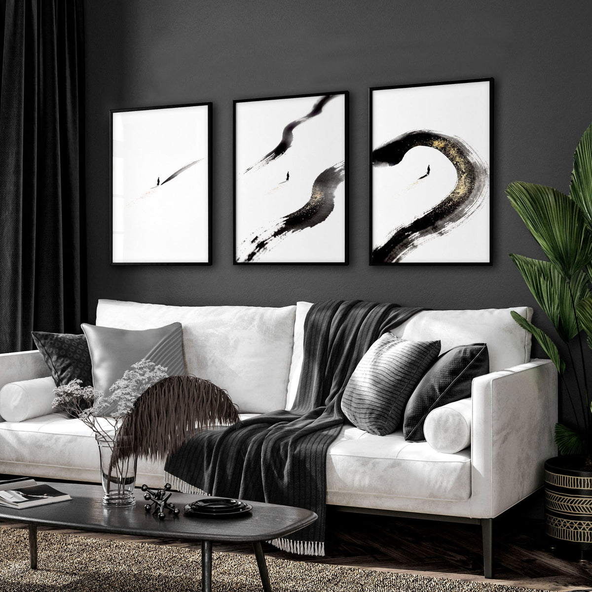 Big Living Room Wall Art Japandi Zen Ink Brushstroke Solitary Figure White Black Gold-Toned displayed on a wall in a styled room — view 4