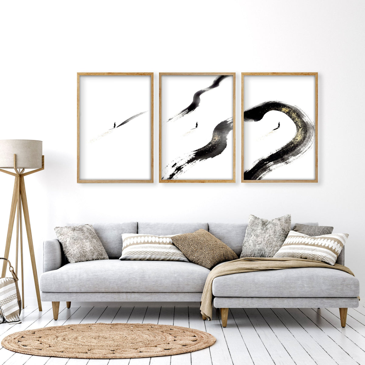 Big Living Room Wall Art Japandi Zen Ink Brushstroke Solitary Figure White Black Gold-Toned displayed on a wall in a styled room — view 5