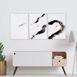 Big Living Room Wall Art Japandi Zen Ink Brushstroke Solitary Figure White Black Gold-Toned displayed on a wall in a styled room — view 6