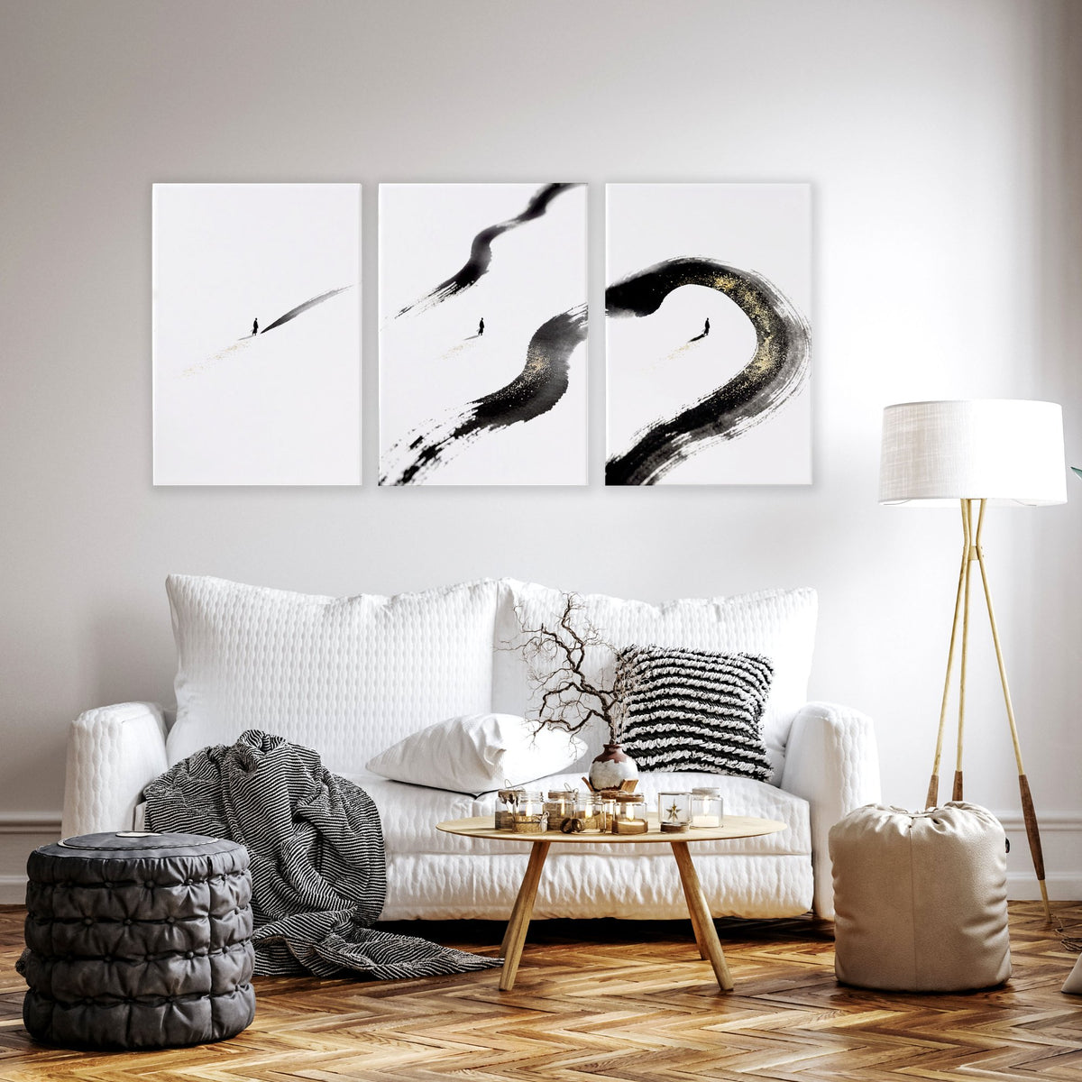 Big Living Room Wall Art Japandi Zen Ink Brushstroke Solitary Figure White Black Gold-Toned displayed on a wall in a styled room — view 8