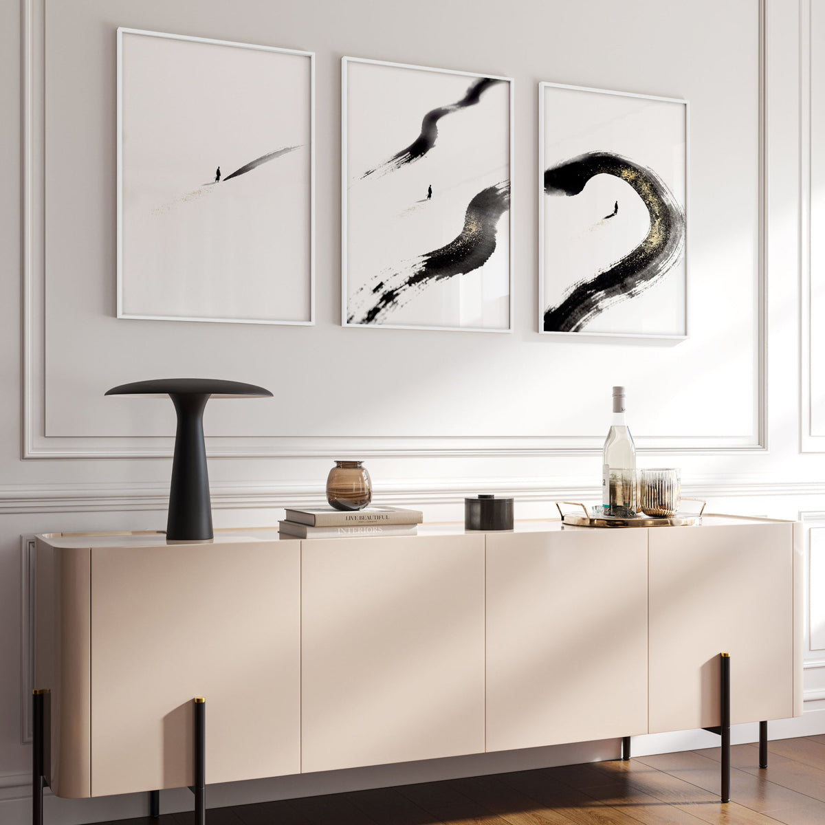 Big Living Room Wall Art Japandi Zen Ink Brushstroke Solitary Figure White Black Gold-Toned displayed on a wall in a styled room — view 9
