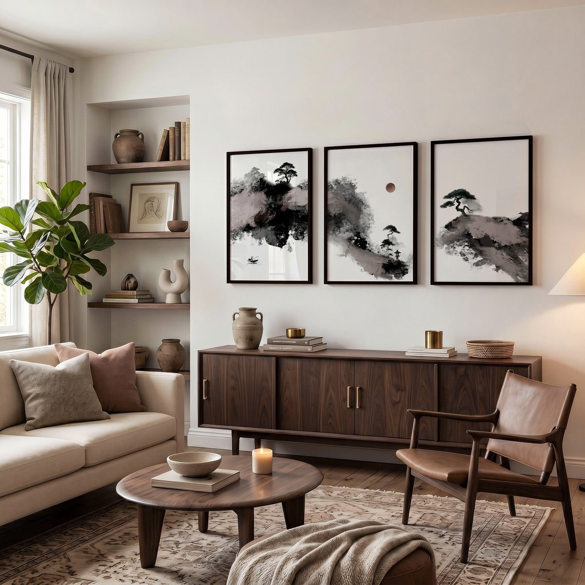 Big Painting for Living Room Japanese Ink Landscape wall art displayed on a wall in a styled room