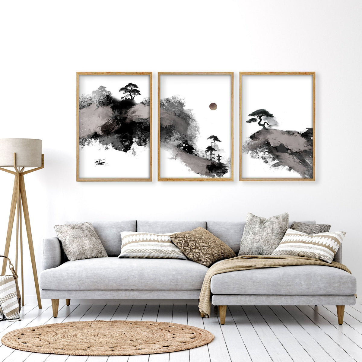 Big Painting for Living Room Japanese Ink Landscape wall art displayed on a wall in a styled room — view 11