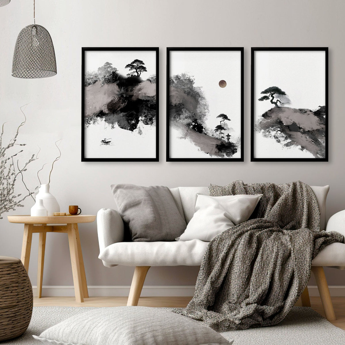 Big Painting for Living Room Japanese Ink Landscape wall art displayed on a wall in a styled room — view 13