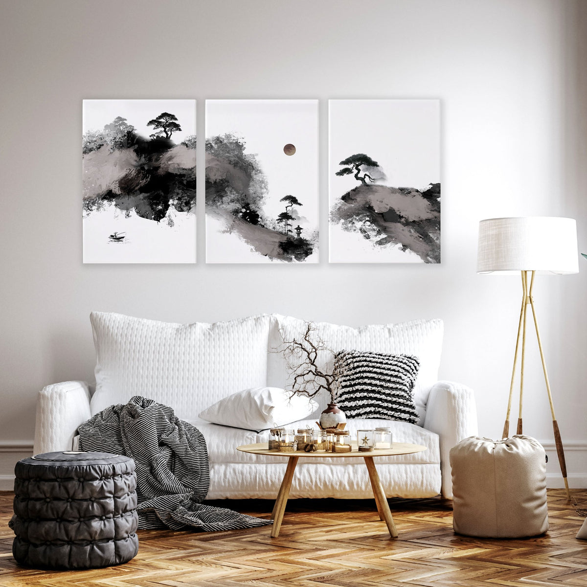 Big Painting for Living Room Japanese Ink Landscape wall art displayed on a wall in a styled room — view 14