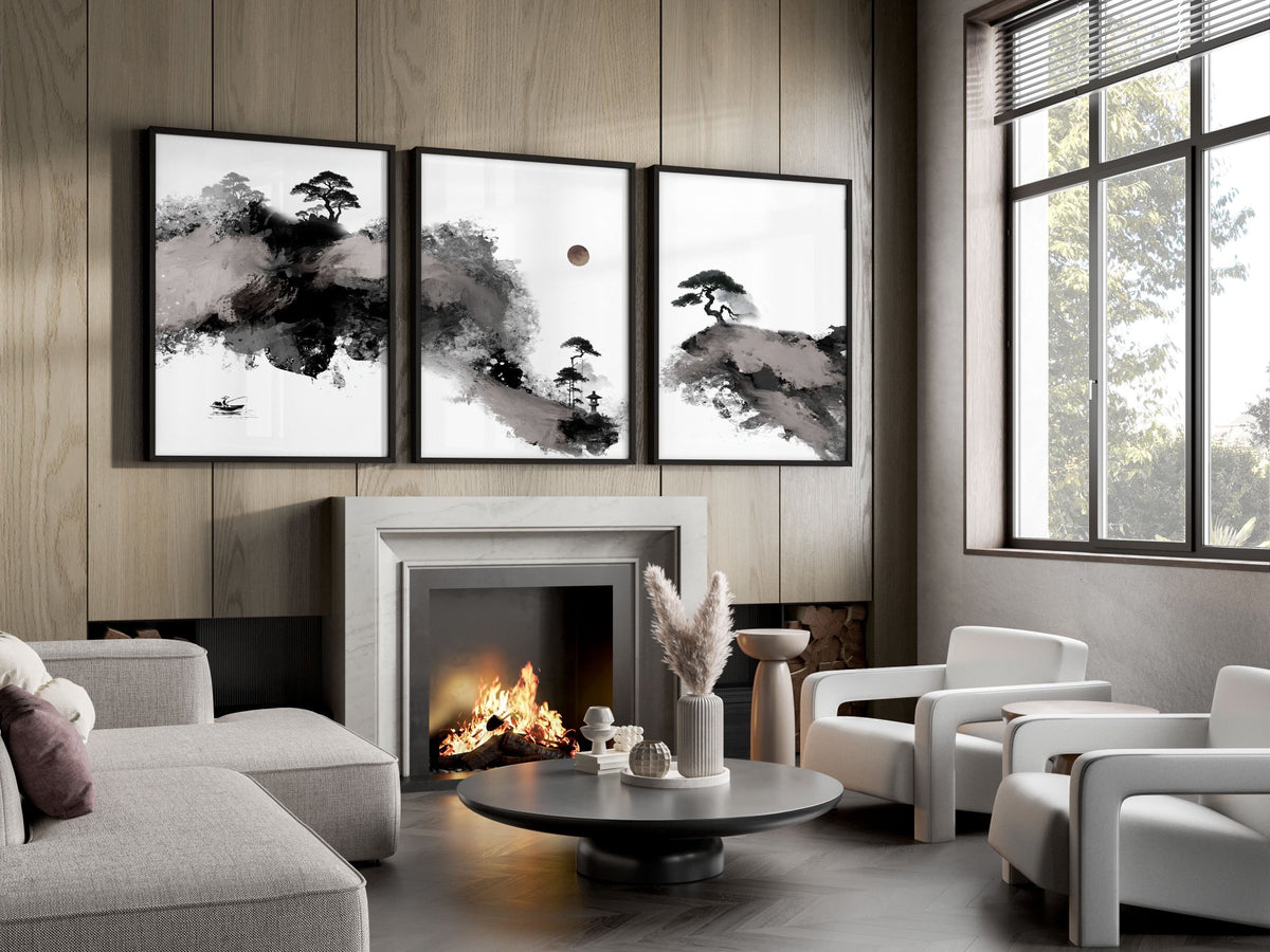 Big Painting for Living Room Japanese Ink Landscape wall art displayed on a wall in a styled room — view 15